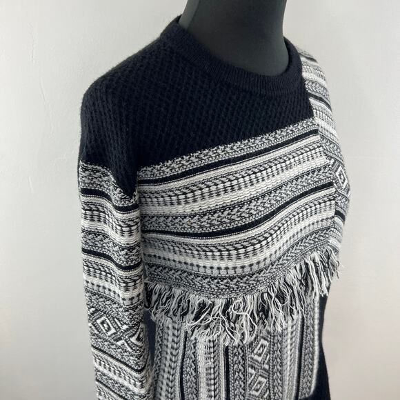 White + Warren Black / White Southwest Print Color-Block Fringe Crew Sweater XS - Picture 4 of 8